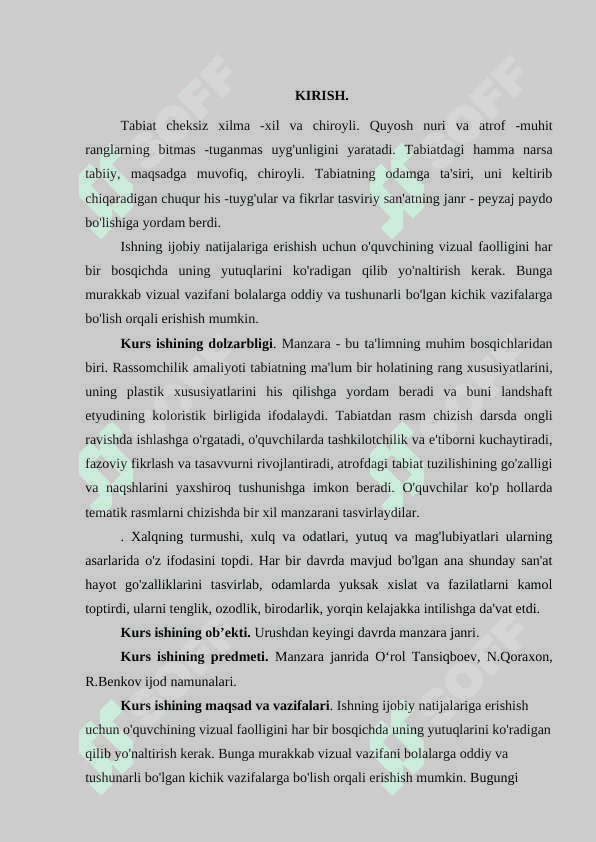 Urushdan keyingi davrda manzara janri. (O‘rol Tansiqboev, N.Qoraxon, R.Benkov ijodlari misolida)” 3