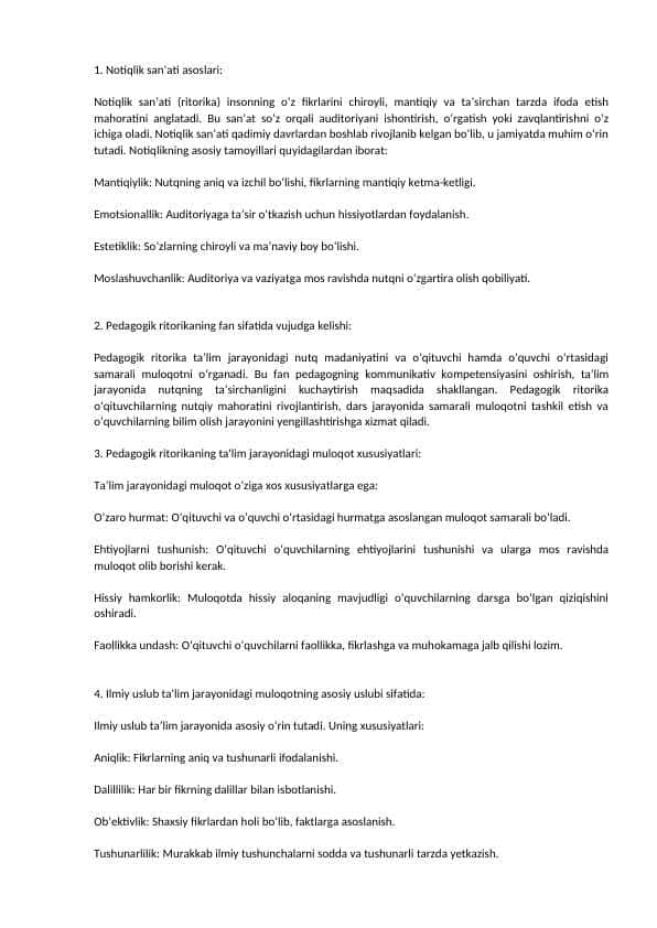 Pedagogik Ritorika fanidan yakuniy nazorat savollari va javoblari 1