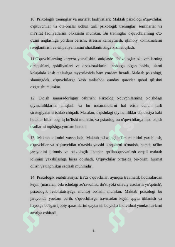 Maktab psixologining professional faoliyatini samaradorligi ko’rsatkichlari va shartlari 8