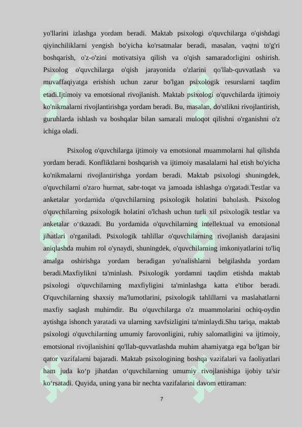 Maktab psixologining turli yoshdagi o’quvchilar bilan faoliyati 7