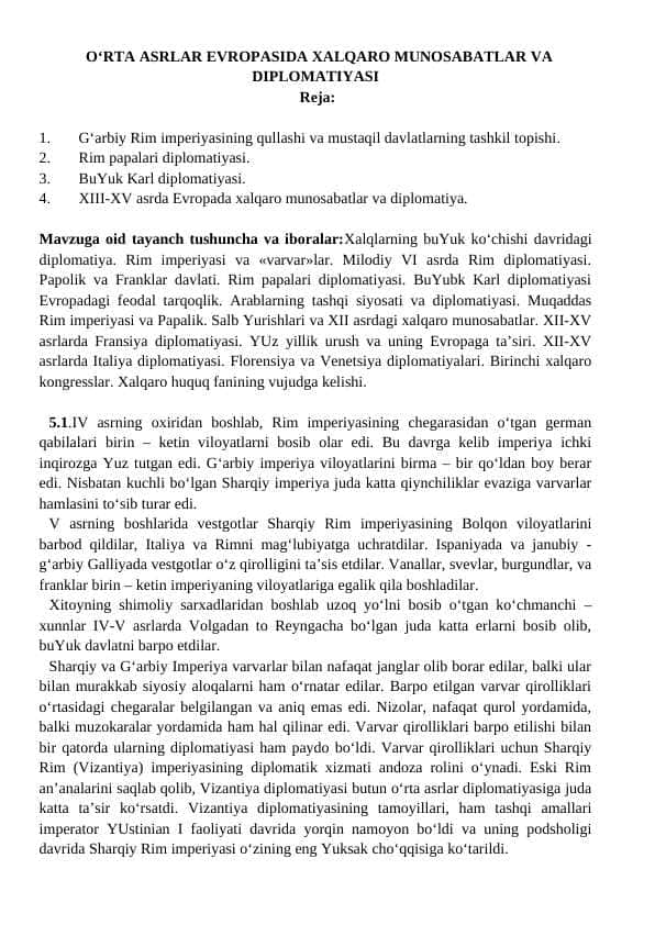 O‘RTA ASRLAR EVROPASIDA XALQARO MUNOSABATLAR VA DIPLOMATIYASI 1