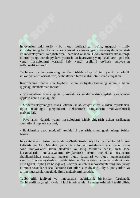 Innovatsion tadbirkorlik faoliyati boshqaruvi rejasi 2