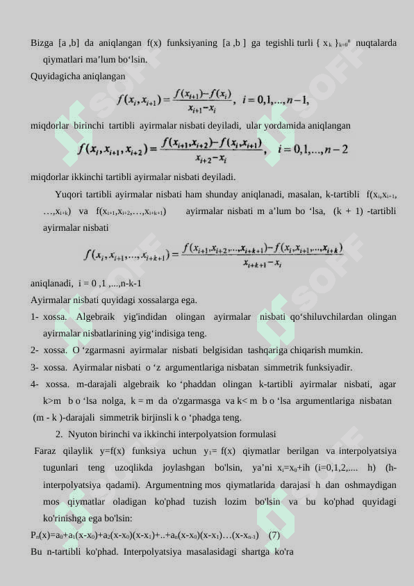 Interpoiyatsiya masala yechimining yagonaligi. Logranj va nyuton interpolyatsiya formulalari va ularning xatoligi. Chekli ayirmalar va ularning xatoligi 4