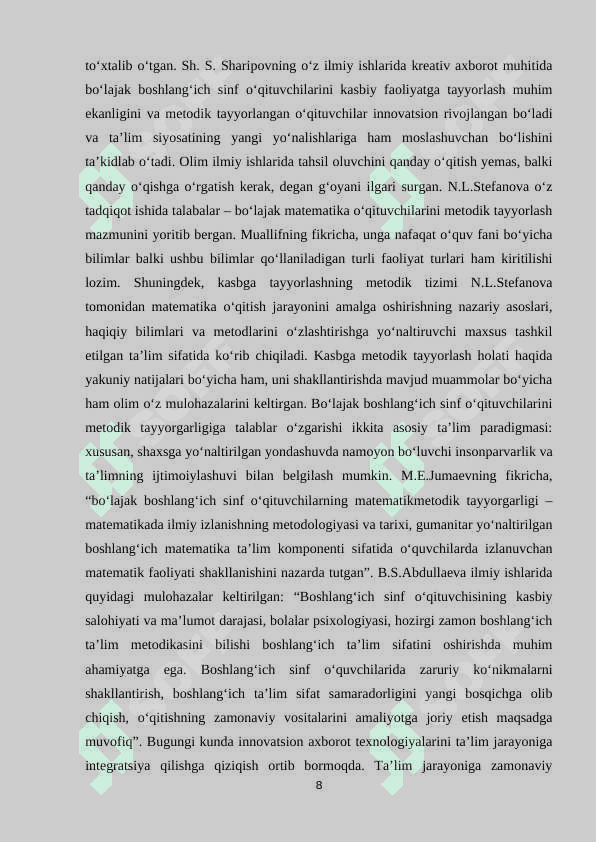 BOSHLANG'ICH SINF O'QITUVCHILARIDA KASBIY MADANIYATINI SHAKLLANTIRISHNING ASOSI SIFATIDA KASBIY PEDAGOGIK FIKRLASH YO'LLARI 8