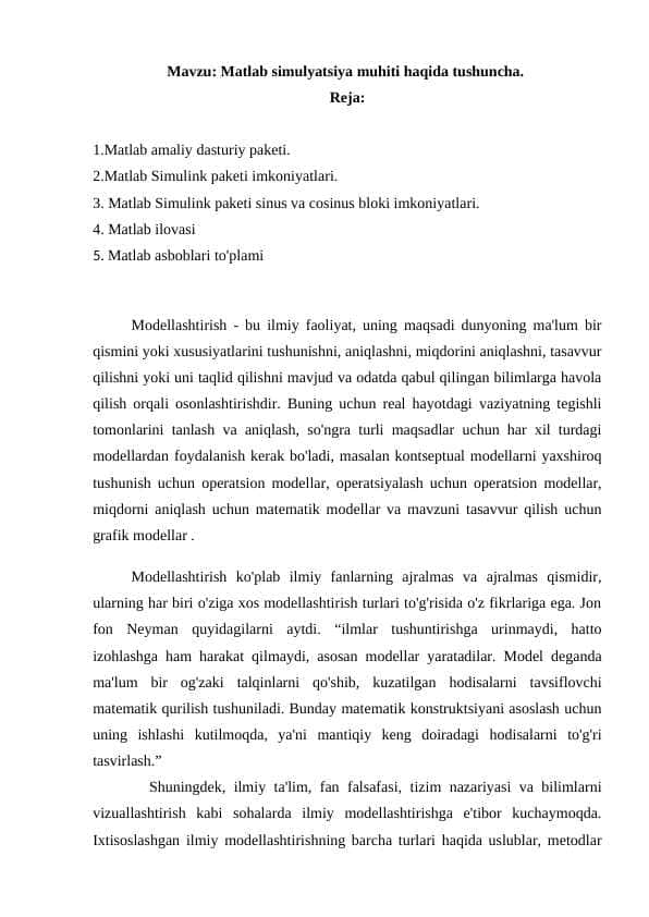 Matlab simulyatsiya muhiti haqida tushuncha 1