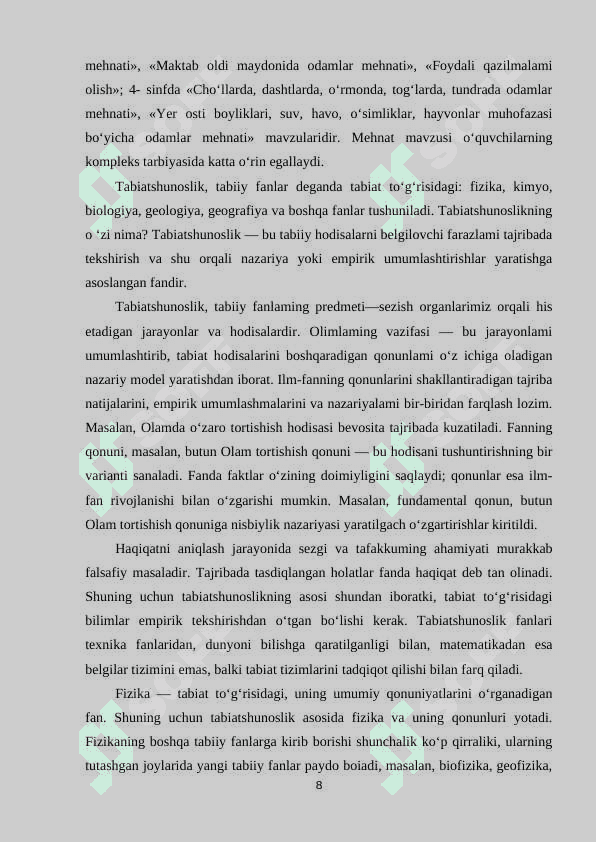 TABIATSHUNOSLIK FANLARINI O‘QITISHDA TALABALARNI “ODAM VA TABIAT” GURUHIGA KIRUVCHI KASBLARNI BOSHLANG‘ICH TA’LIM AMALIYOTIGA KIRITISHGA O‘RGATISHNING PEDAGOGIK ASOSLARI 8