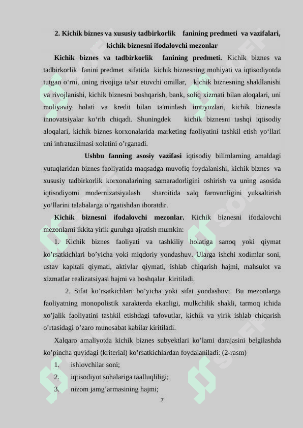 O’ZBEKISTONDA KICHIK BIZNES VA XUSUSIY TADBIRKORIKNI QO’LLAB QUVVATLANISHI 7