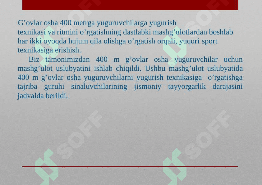 200 va 400 m.ga g’ovlar osha yugurish texnikasi 4