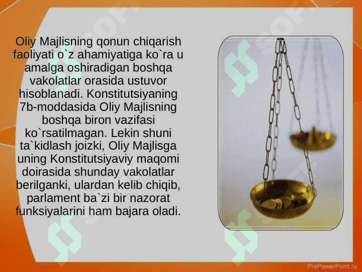O`zbekiston Respublikasida qonun chiqarish hokimiyatining amalga oshirilishi va konstitutsiyaviy asoslari 7