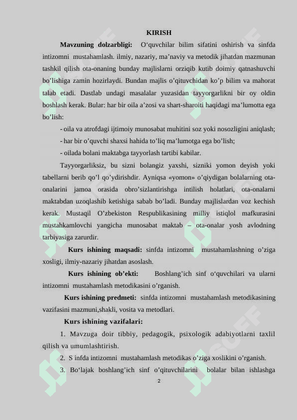 SINFDA INTIZOMNI  MUSTAHAMLASH METODIKASI 2