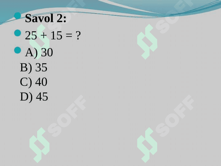 Matematikadan to‘garak, mashg‘ulotlarni tayyorlash va o‘tkazish metodikasi. Matematikadan konkurs, bellashuvlar va mashg‘ulotlarni tayyorlash va o‘tkazish metodikasi 5