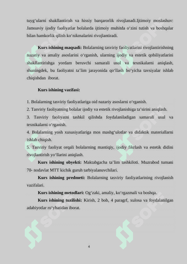 BOLALARNING TASVIRIY FAOLIYATLARNING RIVOJLANTIRISH                    VAZIFALARI 4