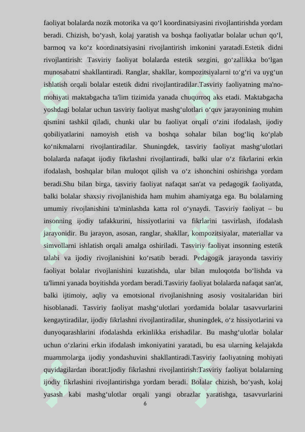 MAKTABGACHA TA’LIM TASHKILOTIDA TASVIRIY FAOLIYAT MASHG‘ULOTLARINI TASHKIL ETISH VA UYUSHTIRISH 6