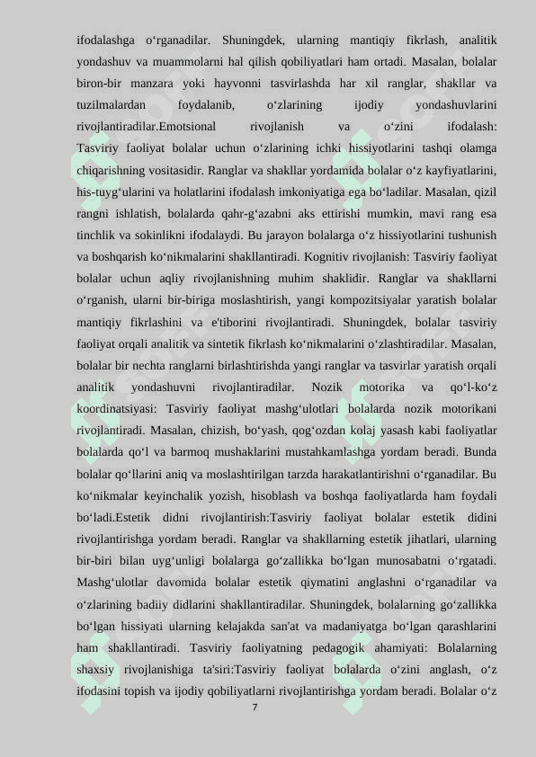 MAKTABGACHA TA’LIM TASHKILOTIDA TASVIRIY FAOLIYAT MASHG‘ULOTLARINI TASHKIL ETISH VA UYUSHTIRISH 7