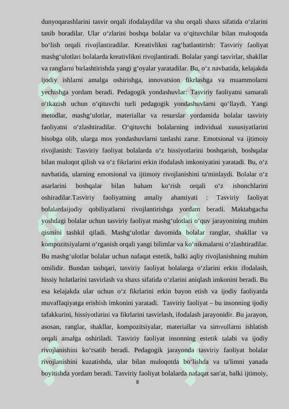 MAKTABGACHA TA’LIM TASHKILOTIDA TASVIRIY FAOLIYAT MASHG‘ULOTLARINI TASHKIL ETISH VA UYUSHTIRISH 8