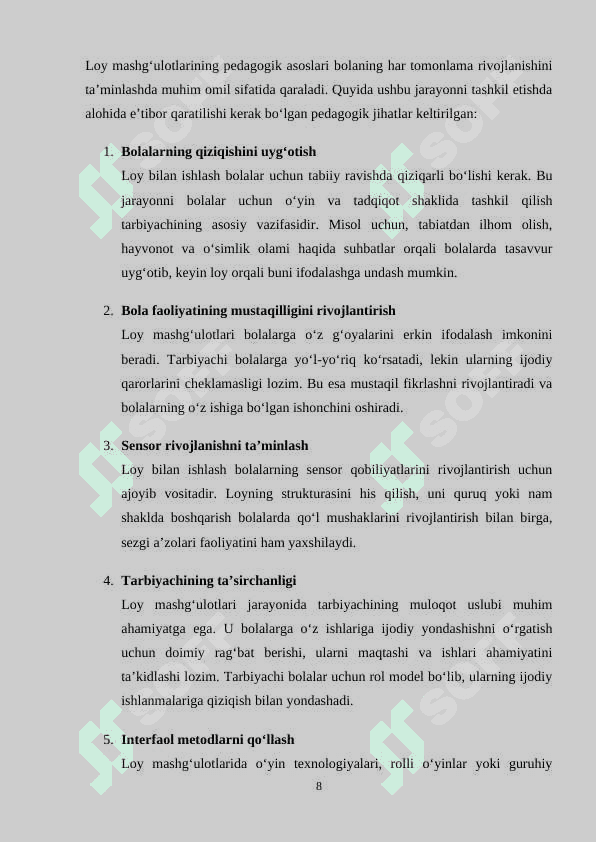 MAKTABGACHA TA’LIM TASHKILOTLARIDA LOY MASHG‘ULOTLARI. 8