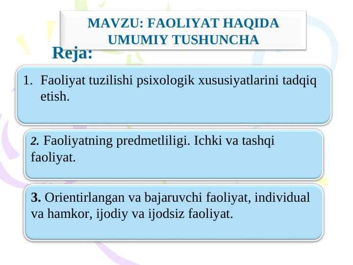 FAOLIYAT HAQIDA UMUMIY TUSHUNCHA