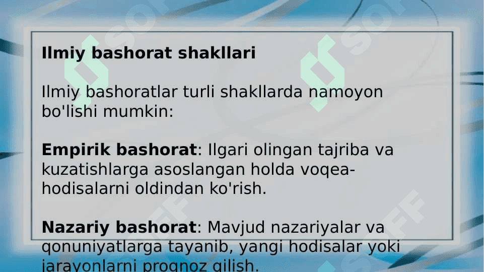 Ilmiy tadqiqotlarni prognozlashtirish. Ilmiy bashorat uning ilmiy tadqiqotdagi oʻrni 6