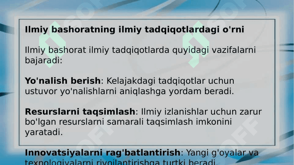 Ilmiy tadqiqotlarni prognozlashtirish. Ilmiy bashorat uning ilmiy tadqiqotdagi oʻrni 8
