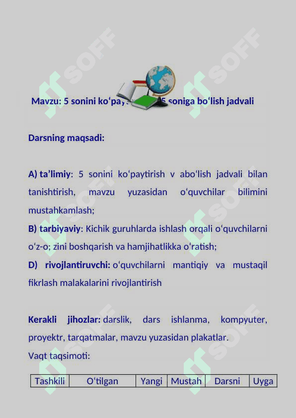 2-sinf matematika dars ishlanmasi 5 sonini ko‘paytirish va 5 soniga bo‘lish jadvali mavzusida 2