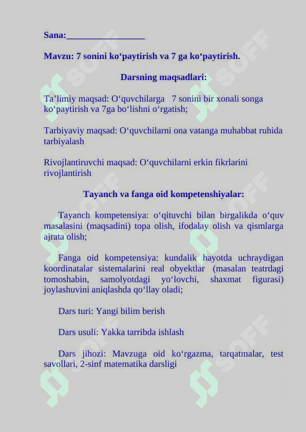 2-sinf matematika fanidan dars ishlanma 7 sonini ko‘paytirish va 7 ga ko‘paytirish mavzusida 2