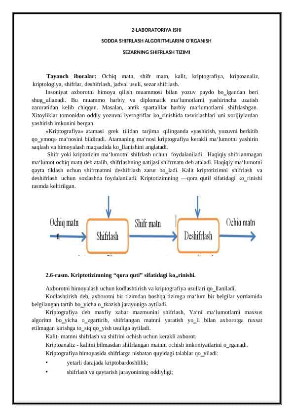 SODDA SHIFRLASH ALGORITMLARINI O’RGANISH SEZARNING SHIFRLASH TIZIMI