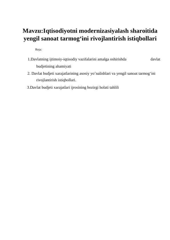 Iqtisodiyotni modernizasiyalash sharoitida yengil sanoat tarmog‘ini rivojlantirish istiqbollari 1