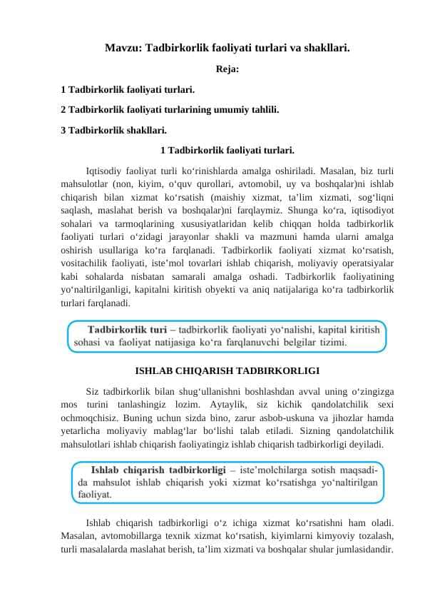 Tadbirkorlik faoliyati turlari va shakllari