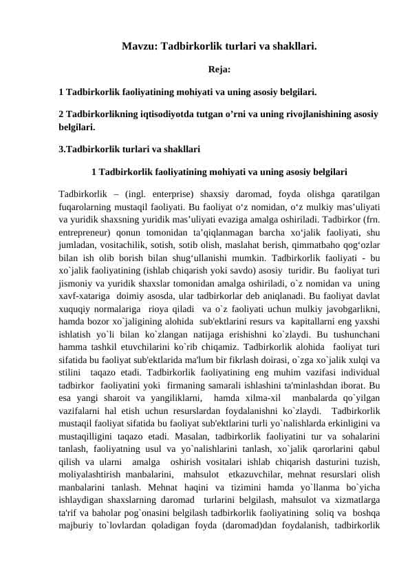 Tadbirkorlik turlari va shakllari