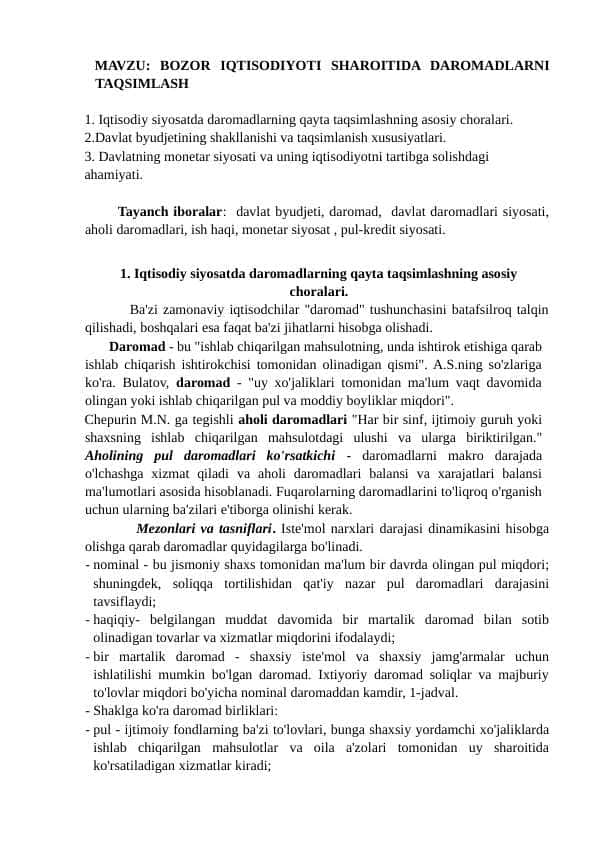 BOZOR IQTISODIYOTI SHAROITIDA DAROMADLARNI TAQSIMLASH