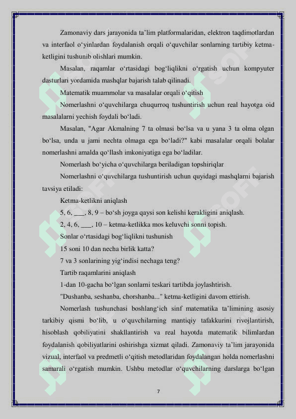 Boshlang'ich sinflarda o'quvchilarni nomerlash bo'yicha metodlar 7