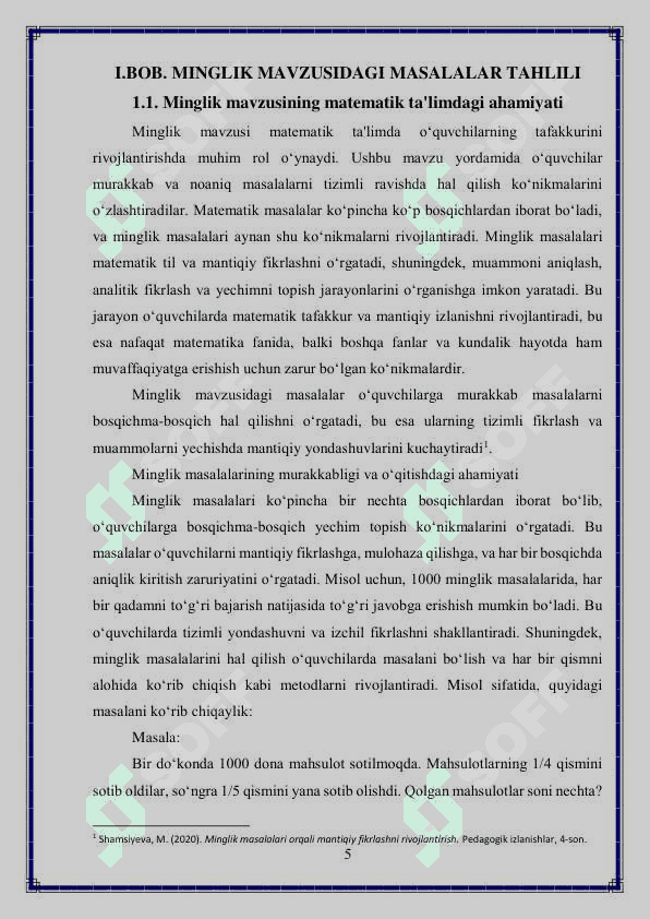 Minglik mavzusidagi masalalar ustida ishlash metodikasi 5