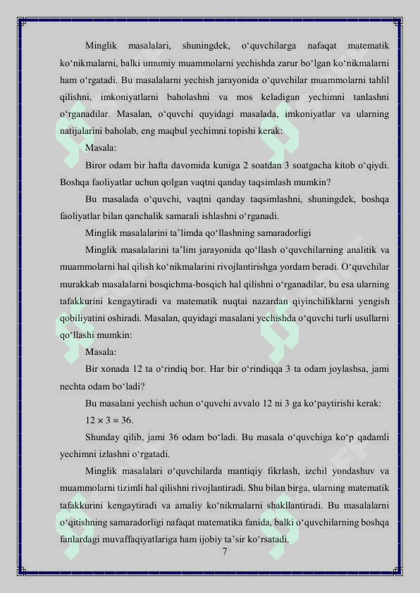 Minglik mavzusidagi masalalar ustida ishlash metodikasi 7