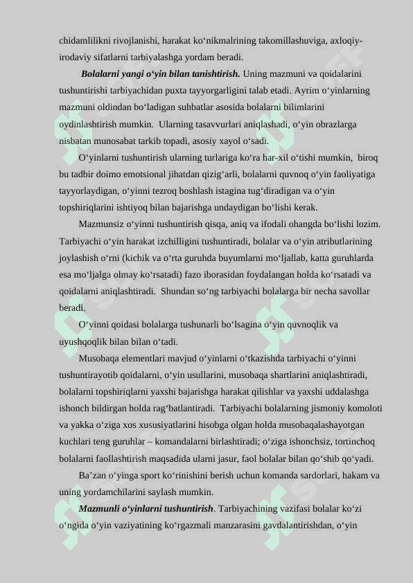 Harakatli o‘yinlarni rejalashtirish va nazorat qilish, harakatli o‘yinlar jarayonida sport anjomlari va inshootlaridan foydalanish 4