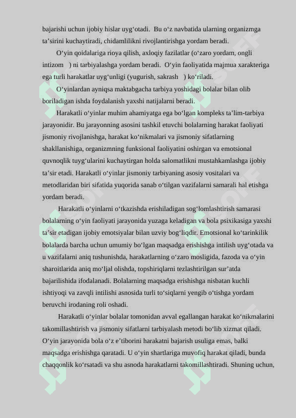 Harakatli o‘yinlarni rejalashtirish va nazorat qilish, harakatli o‘yinlar jarayonida sport anjomlari va inshootlaridan foydalanish 8