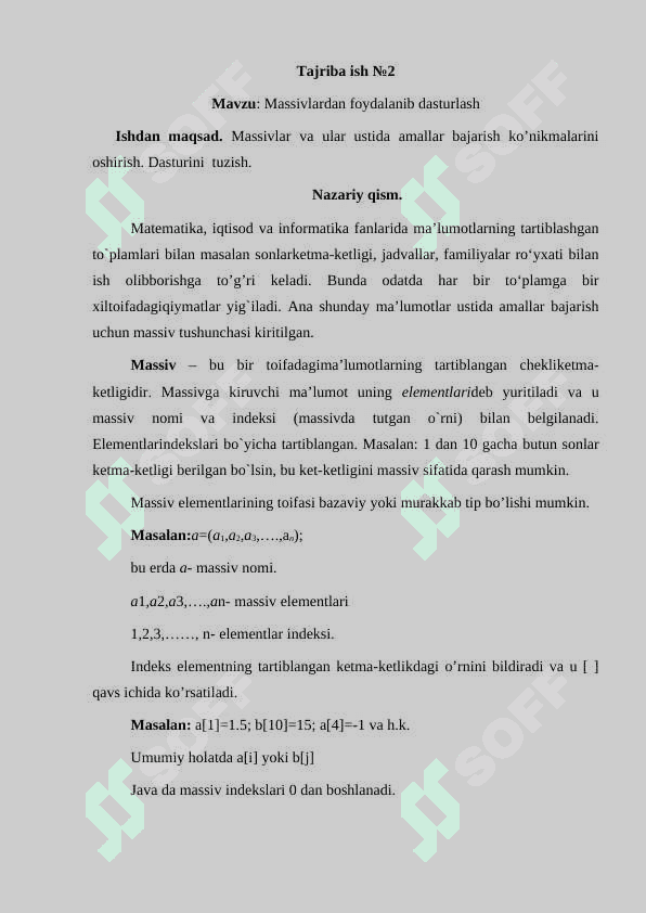 Mobil ilovalarni ishlab chiqish_Massivlardan foydalanib dasturlash_LABAROTORIYA ISH 2
