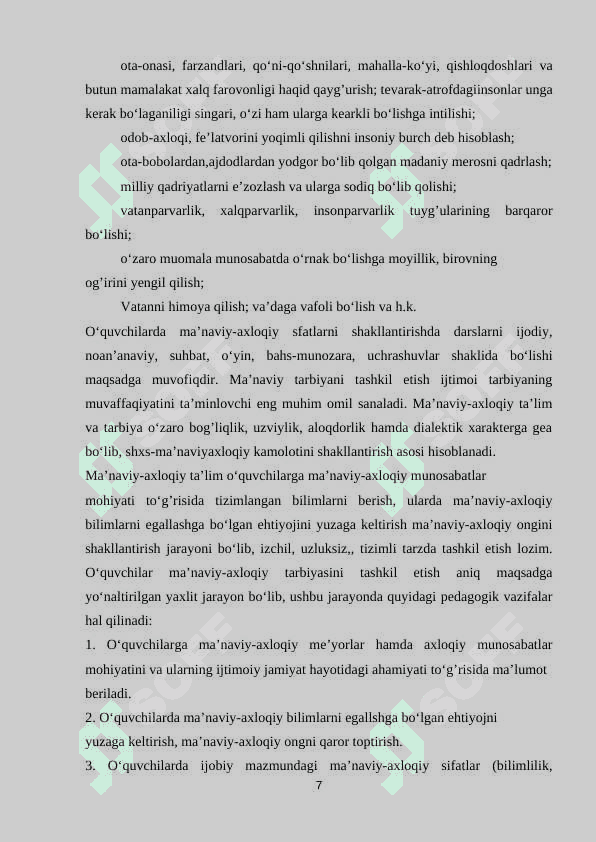 UZLUKSIZ MA’NAVIY TARBIYA KONSEPSIYASI TALABLARI ASOSIDA BOSHLANG’ICH SINF O‘QUVCHILARINI MA’NAVIY TARBIYALASH 7