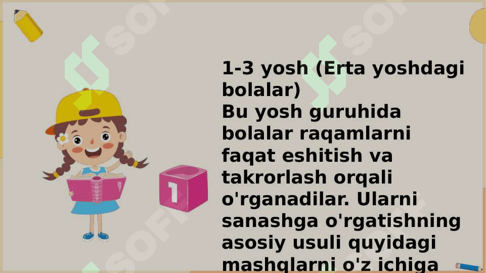 Turli yosh guruh bolalarini sanashga o'rgatish vazifalarii 1