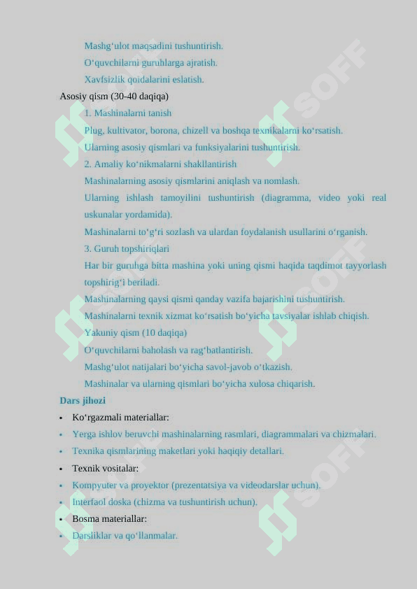 Qishloq xoʻjaligida ishlatiladigan yerga ishlov beruvchi mashinalarining turlari va asosiy qismlarini oʻrgatish metodikasi. 4
