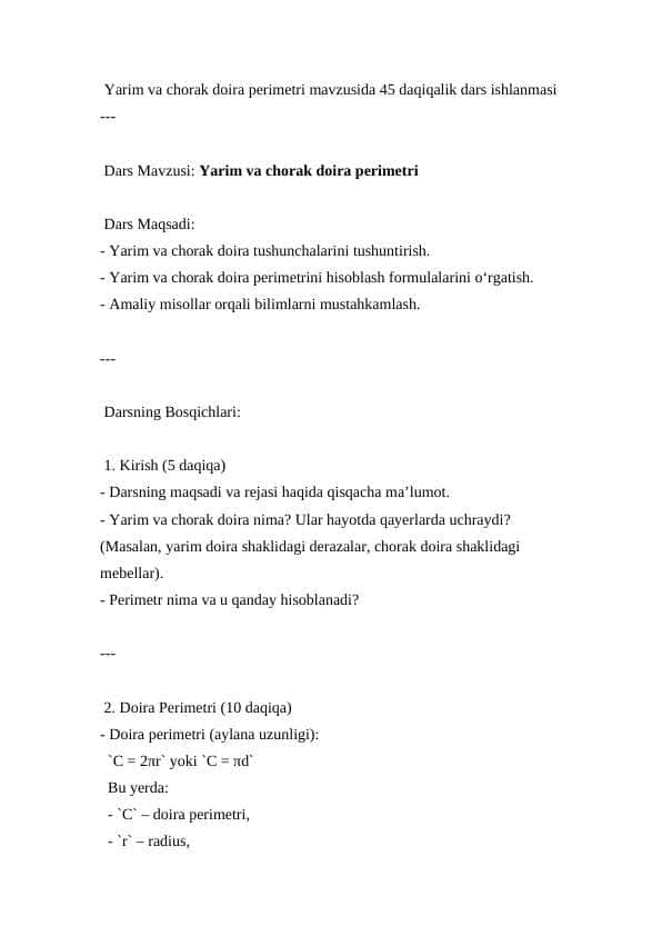 Yarim va chorak doira perimetri ( Dars ishlanma )