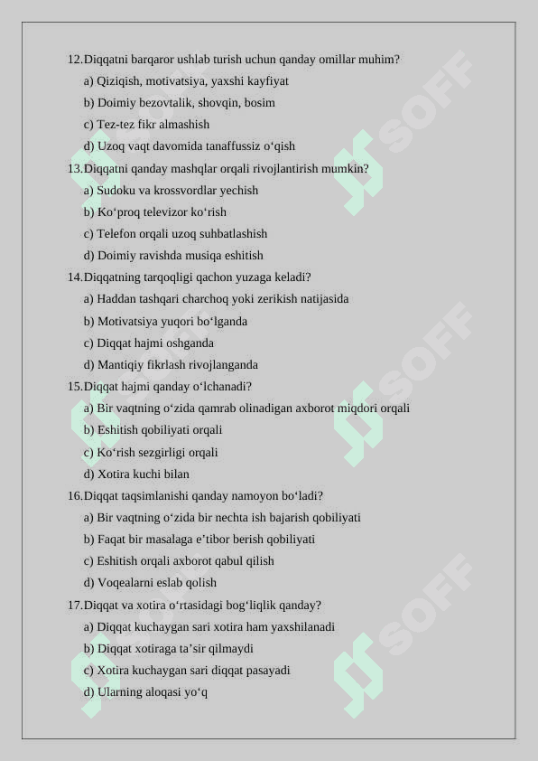 Diqqat turlari va uning xususiyatlari test savollari 3