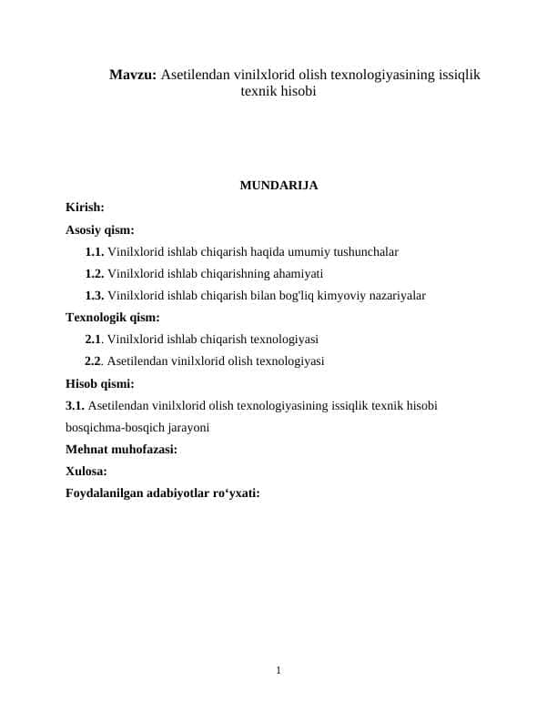Asetilendan vinilxlorid olish texnologiyasining issiqlik texnik hisobi 1