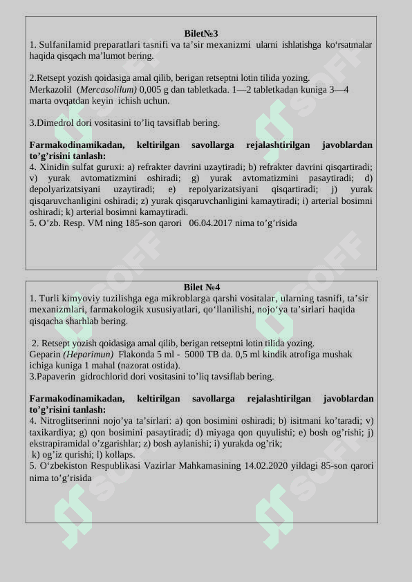 Farmakologiya fanidan oraliq nazorat biletlari 2