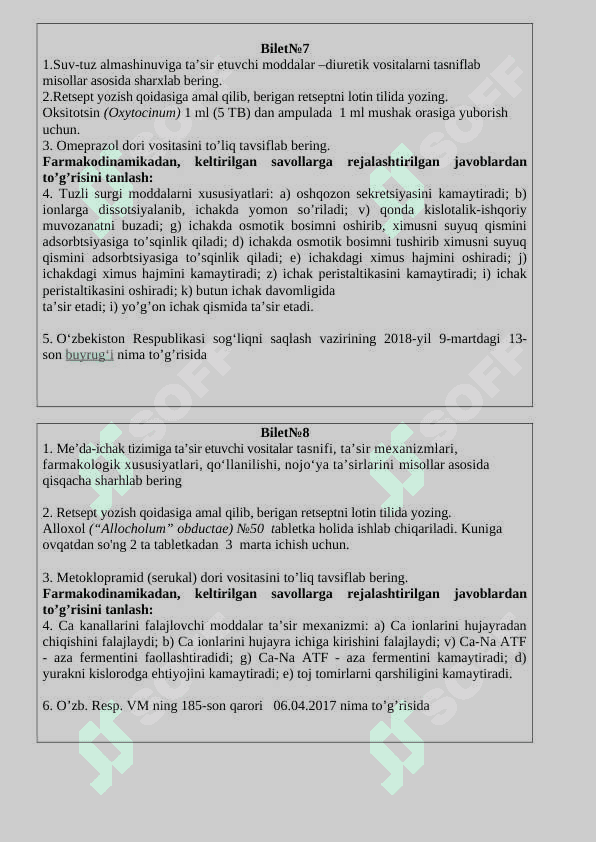 Farmakologiya fanidan oraliq nazorat biletlari 4