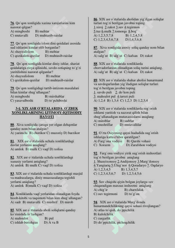 9-sinf O'zbekiston tarixi fanidan mavzulashgan test savollari 5