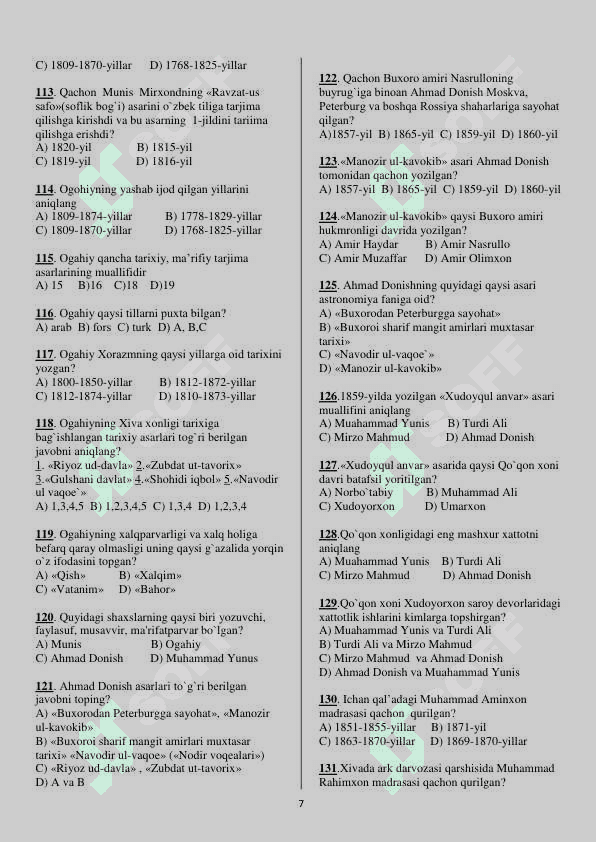 9-sinf O'zbekiston tarixi fanidan mavzulashgan test savollari 7