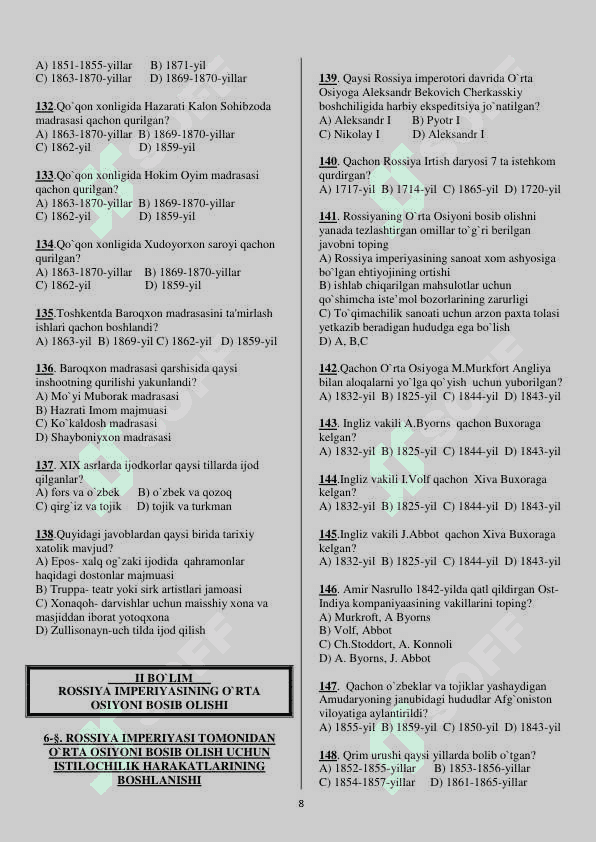 9-sinf O'zbekiston tarixi fanidan mavzulashgan test savollari 8