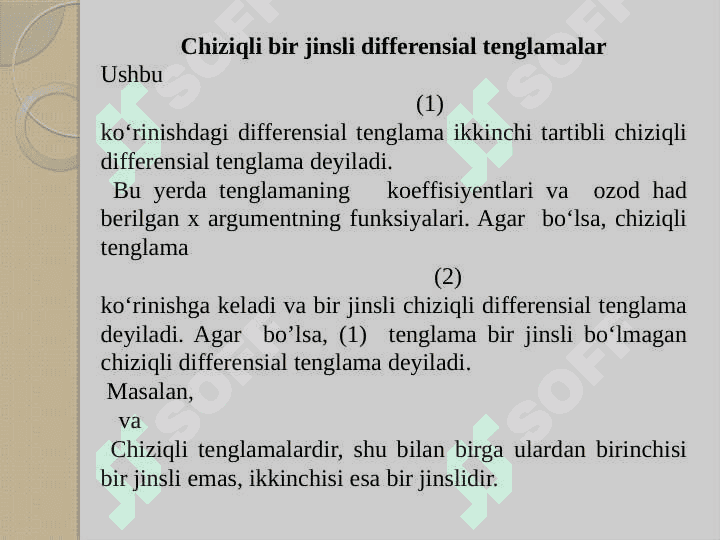 CHIZIQLI BIR JINSLI DIFFERENSIAL TENGLAMALAR. O`ZGARMAS KOEFFITSENTLI IKKINCHI TARTBLI BIR JINSLI DIFFERENSIAL TENGLAMALAR. O`ZGARMAS KOEFFITSENTLI YUQORI TARTIBLI BIR JINSLI TENGLAMALAR 4