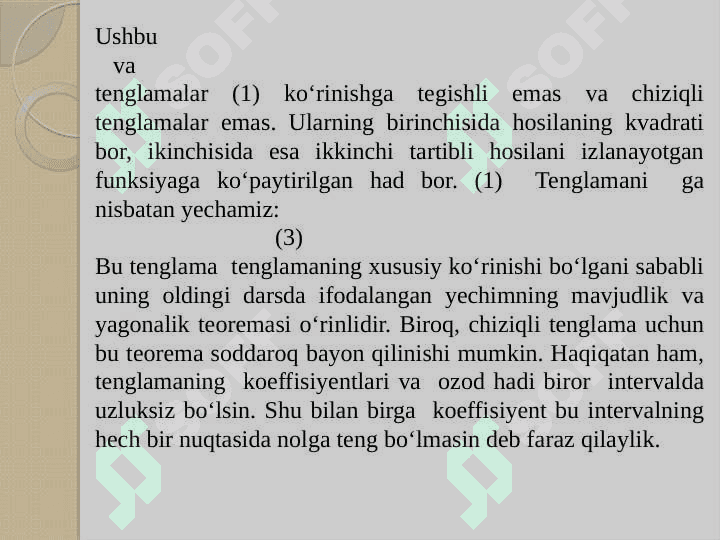CHIZIQLI BIR JINSLI DIFFERENSIAL TENGLAMALAR. O`ZGARMAS KOEFFITSENTLI IKKINCHI TARTBLI BIR JINSLI DIFFERENSIAL TENGLAMALAR. O`ZGARMAS KOEFFITSENTLI YUQORI TARTIBLI BIR JINSLI TENGLAMALAR 5