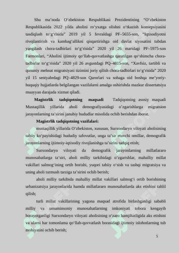 MUSTAQILLIK YILLARIDA AHOLI DEMOGRAFIYASIDAGI O’ZGARISHLARGA MIGRATSION JARAYONLARNING TA’SIRI (JANUBIY HUDUDLAR MISOLIDA) 5